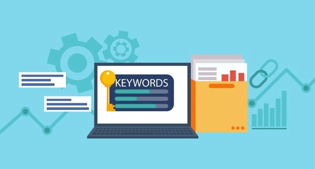 Keywords research banner. laptop with a folder of documents and graphs and key. Free Vector