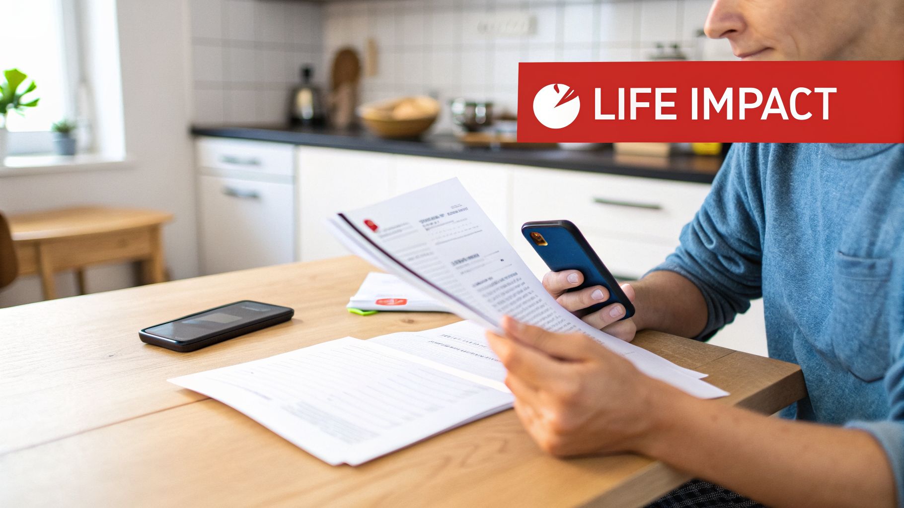 A person reviews documents and uses a smartphone at a wooden table in a home setting.
