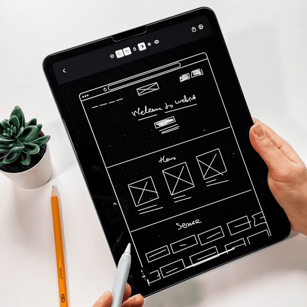 Hand-drawn website wireframe on a tablet during UI/UX design