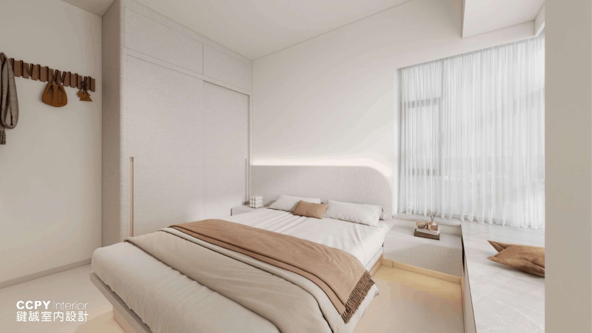 Nestled against a large window, this small bedroom design features an integrated platform bed and soft ambient lighting to enhance the room's acoustic depth.