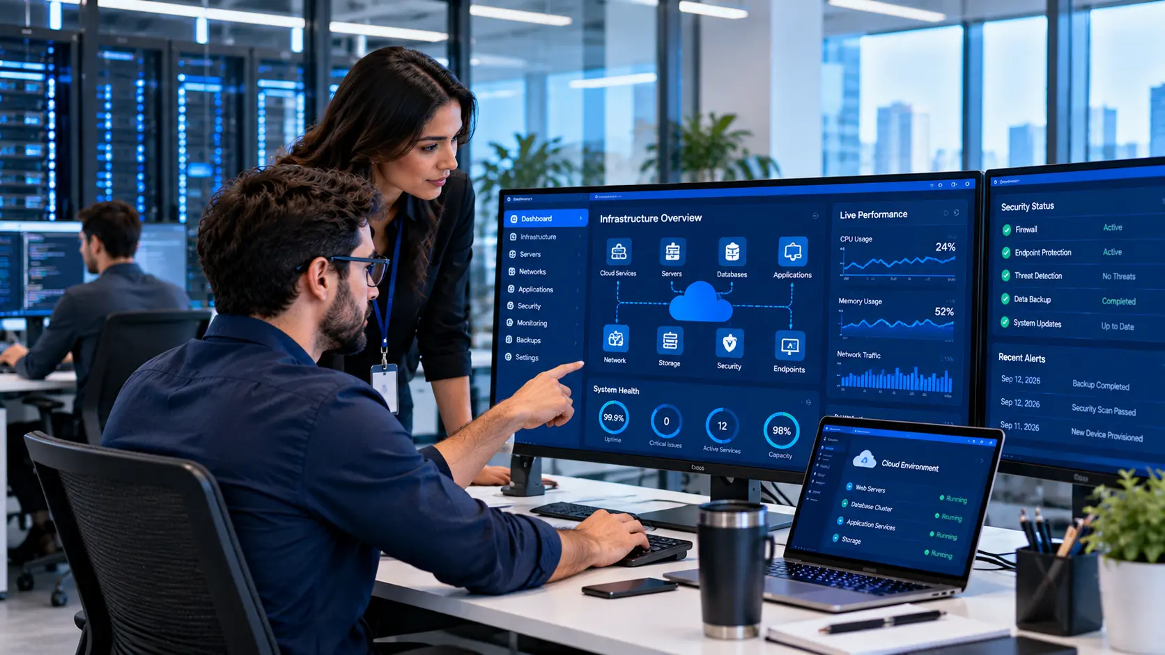 Hi-tech services team working with modern infrastructure