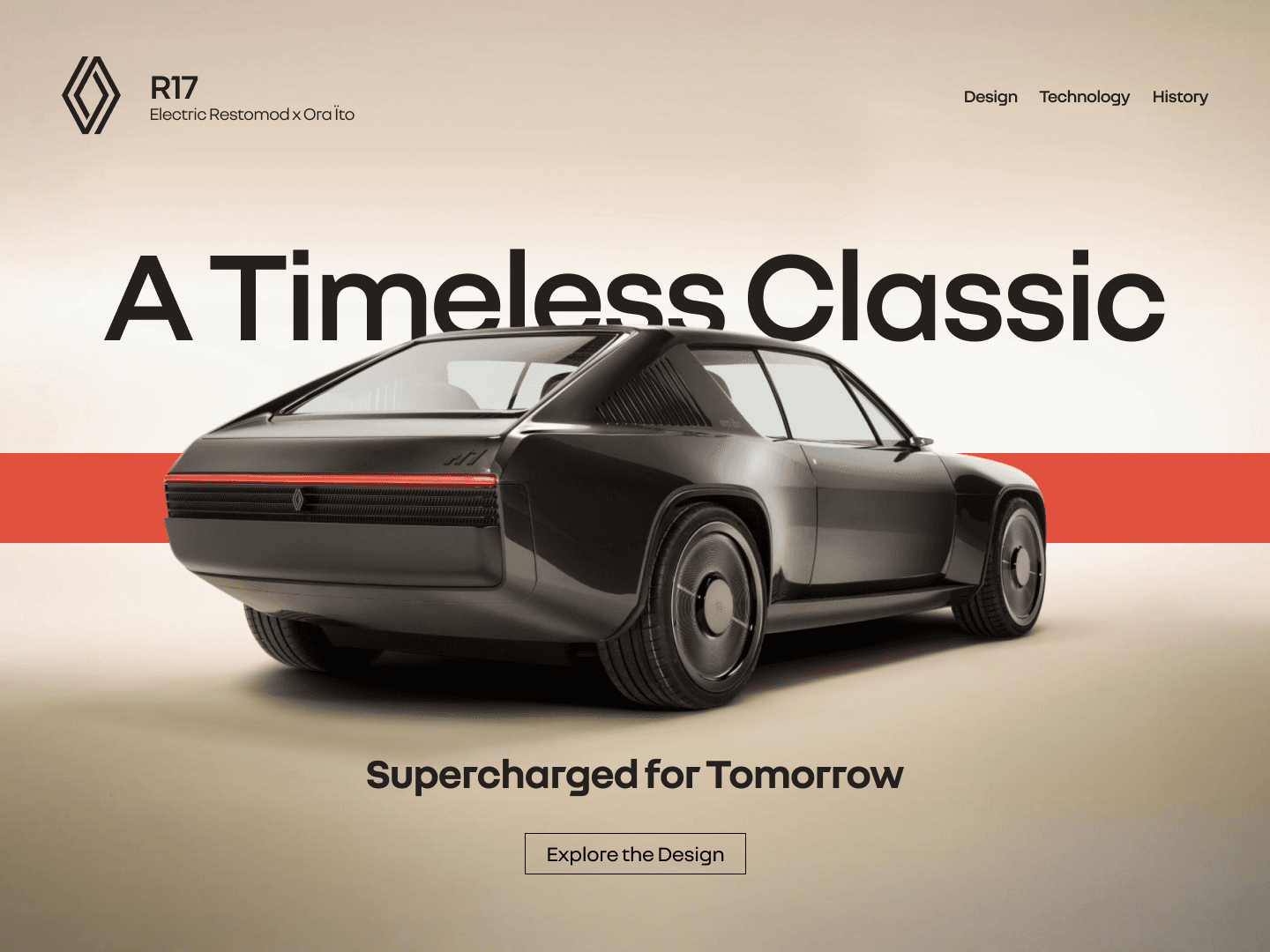 Futuristic Renault R17 electric restomod with a sleek, modern design, showcased against a minimalist backdrop with bold typography.