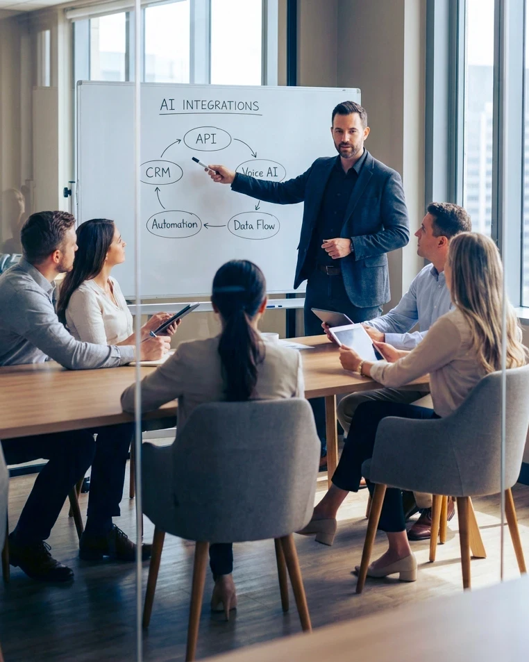 Une équipe d’entreprise souriante discutant de l’IA