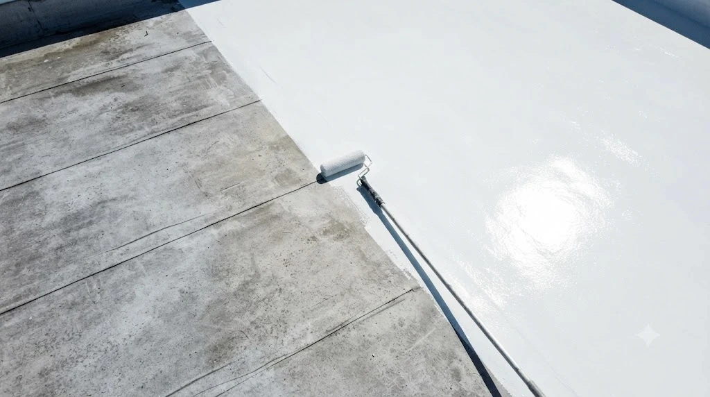 Flat commercial roof half coated in white silicone restoration coating with a clean wet edge against the weathered original membrane