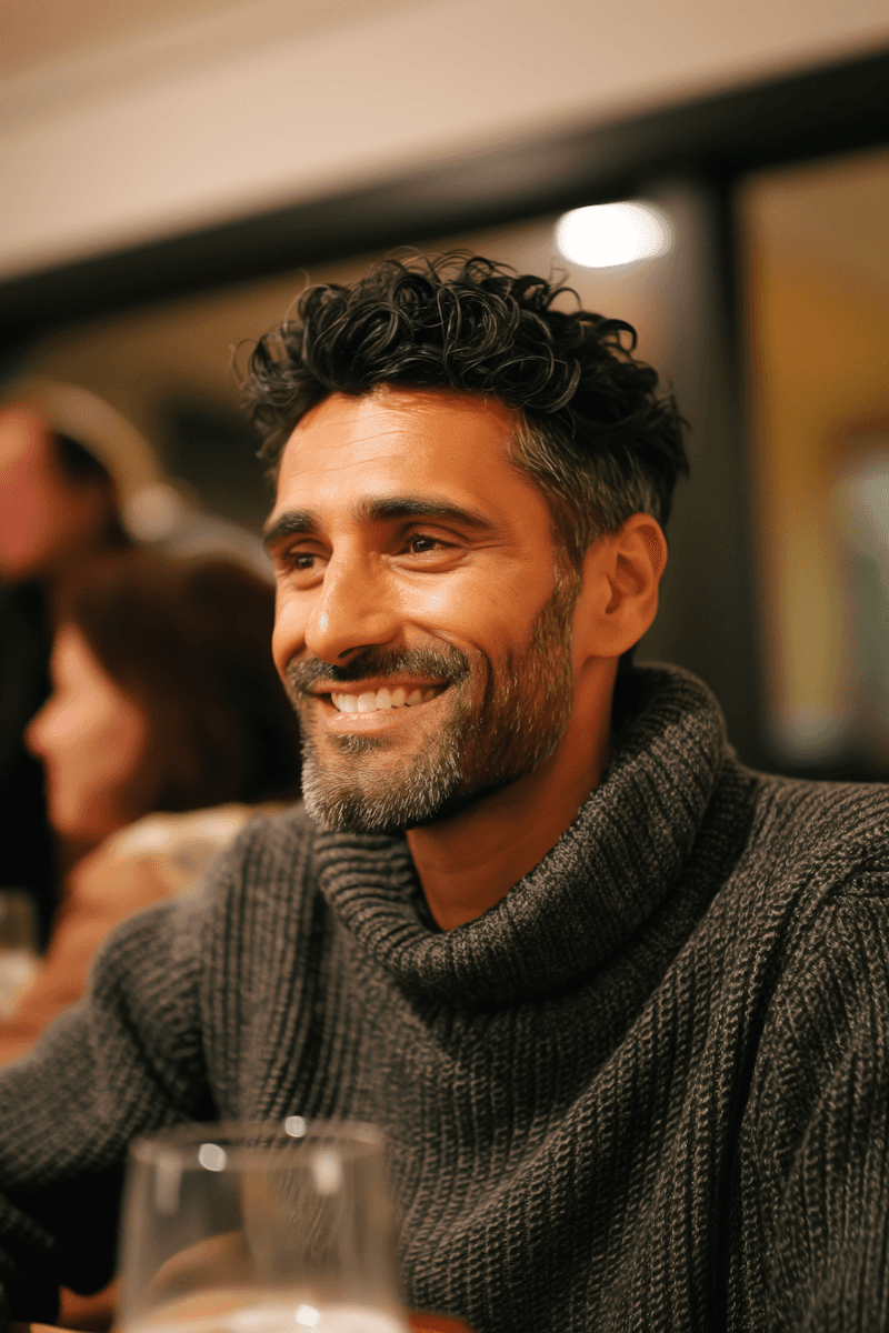 Woman with red hair and sunglasses smiling, wind-blown hair, with hot air balloons in the background.