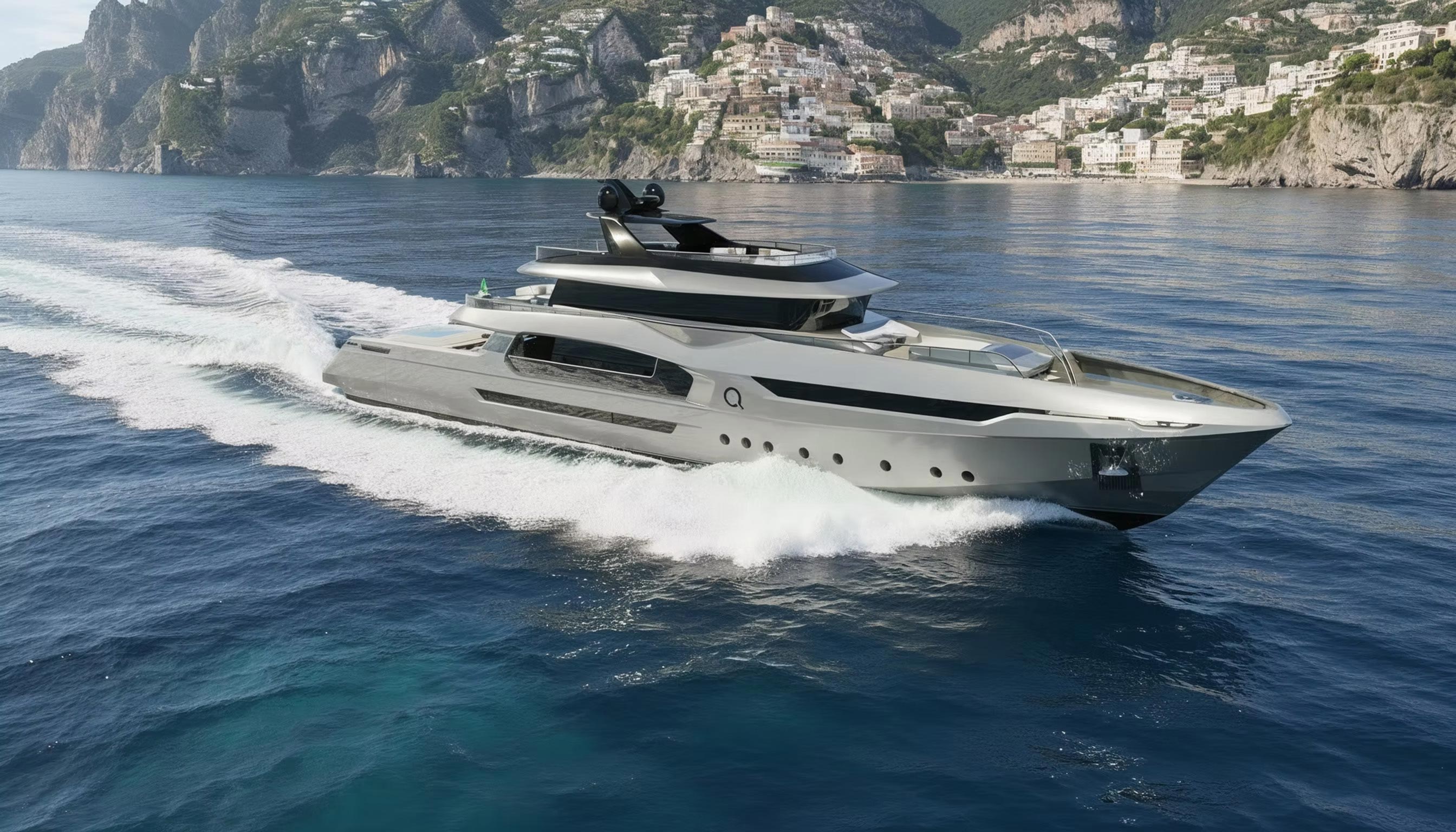 Photorealistic render of Gloss Design Auralia superyacht in front of the coast, 3/4 front view