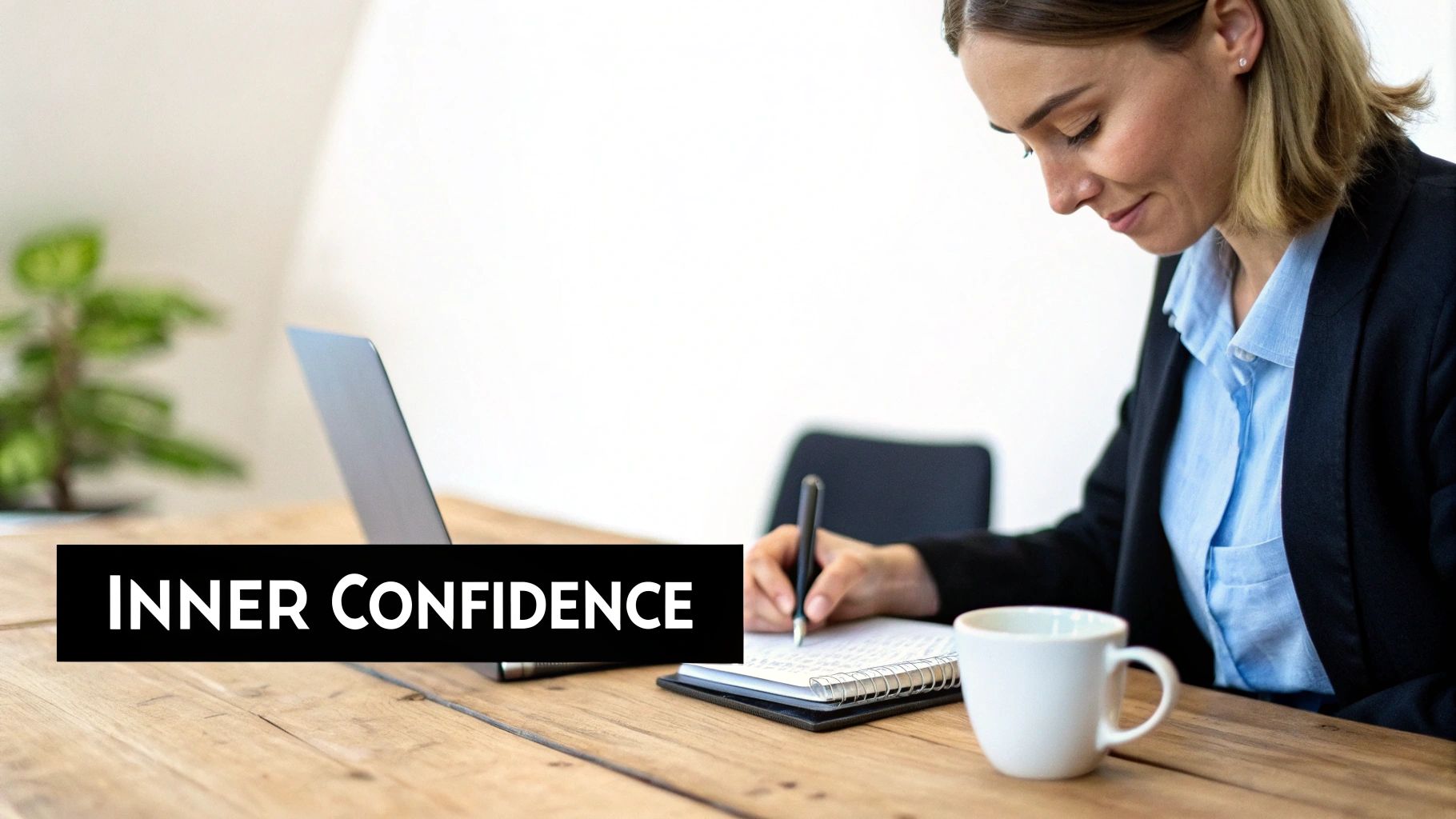 A businesswoman in a blue shirt and black blazer writes in a notebook, with