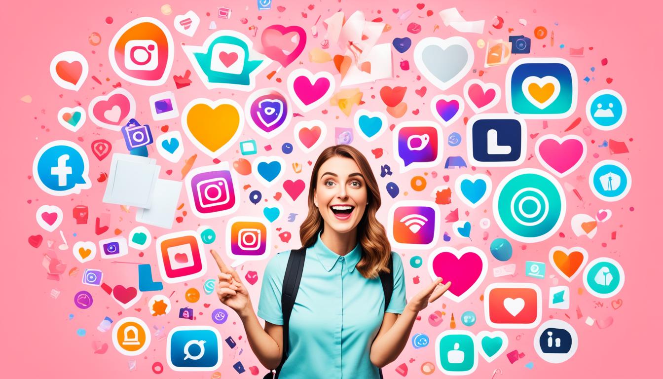 Create an image of a person surrounded by various Instagram icons and symbols, such as the heart, comment bubble, camera, and explore magnifying glass. The person should be holding a megaphone, representing the idea of engagement tactics to increase reach and engagement on Instagram. The background should be bright and colorful, with some subtle hints of Instagram's branding colors like pink, orange, and purple. Show the person using the megaphone to amplify their message using creative strategies like collaborating with other influencers, hosting giveaways, using trending hashtags, and posting at optimal times. The overall tone of the image should be energetic and enthusiastic, conveying the idea that growth on Instagram is achievable with the right tactics in place.