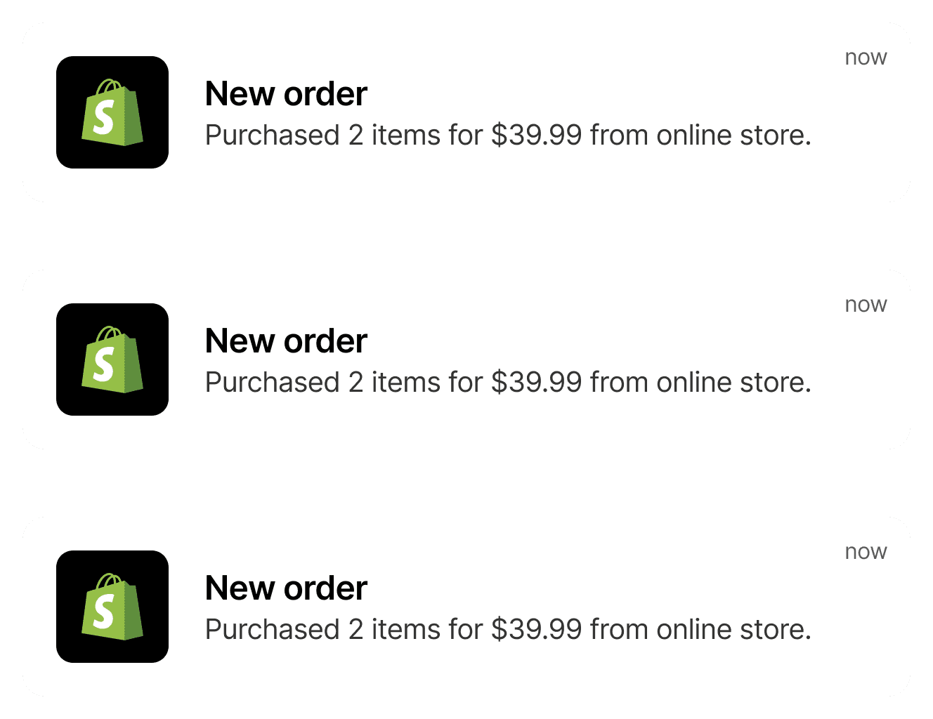 Shopify new order notifications confirming successful sales integration and commerce functionality with the Framer storefront.
