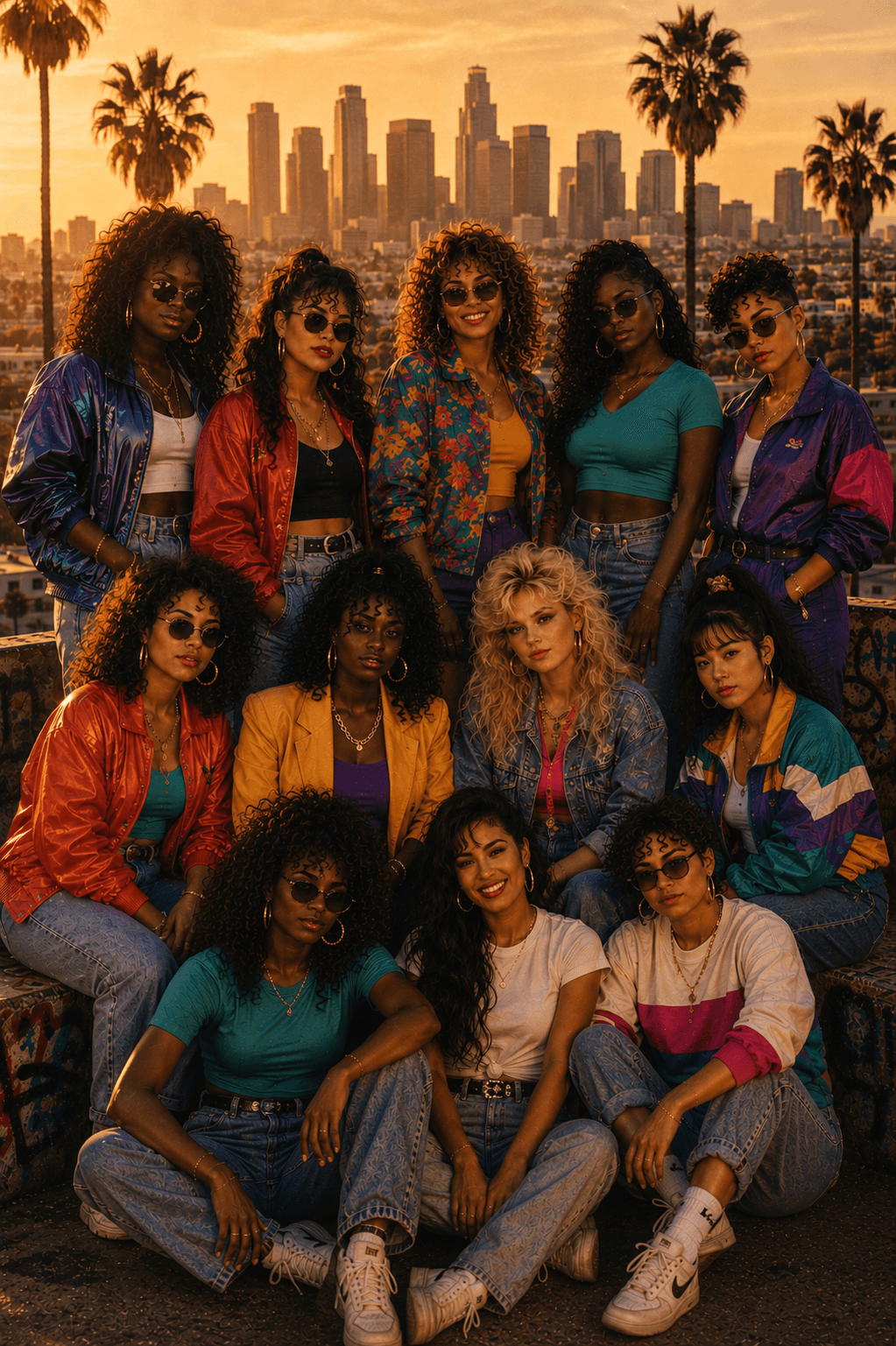 A group of twelve diverse women in vibrant 1980s-inspired outfits — colorful windbreakers, high-waisted jeans, bold accessories — posing together in front of a warm LA sunset skyline with palm trees.