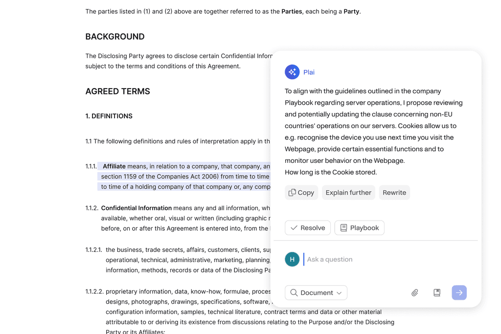 Screenshot of Pocketlaw AI contract review software interface showing the definitions section of a legal agreement document. The AI assistant PLAI provides a suggested rewrite for a clause related to non-EU countries' server operations.