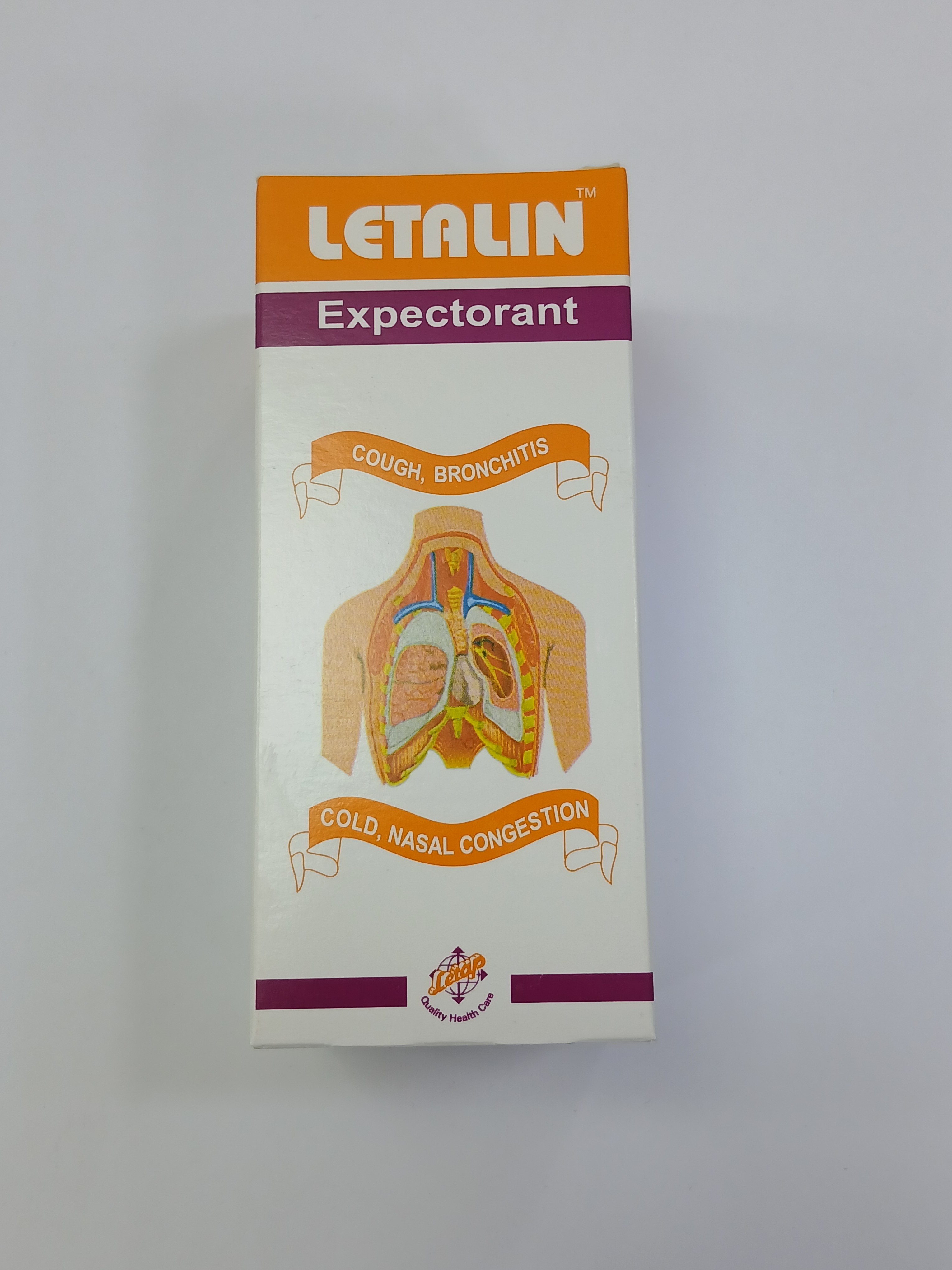 White cardboard packaging with orange and purple text and graphics displays an illustration of the human chest and nasal cavity, indicating relief for cold and nasal congestion.