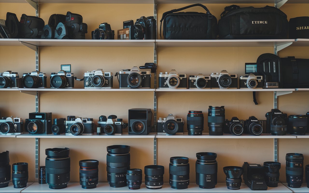 a vast array of cameras and cinematic tools lined up on set, ready for a day of shooting.