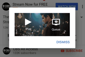 screenshot of YouTube's Add to Queue interface before it was removed