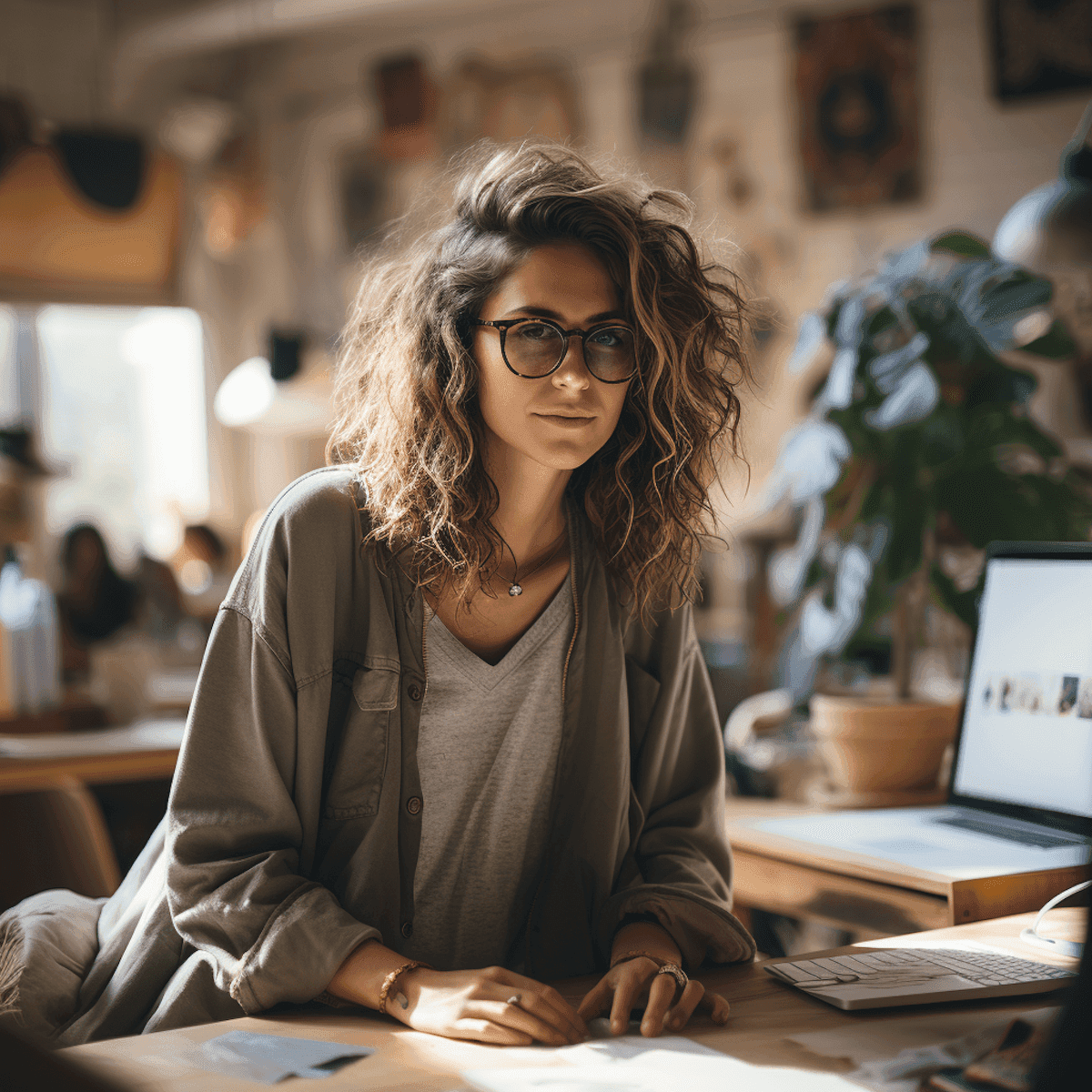 A woman wearing glasses sits at a desk in an office, focused on her work with a computer and documents around her.