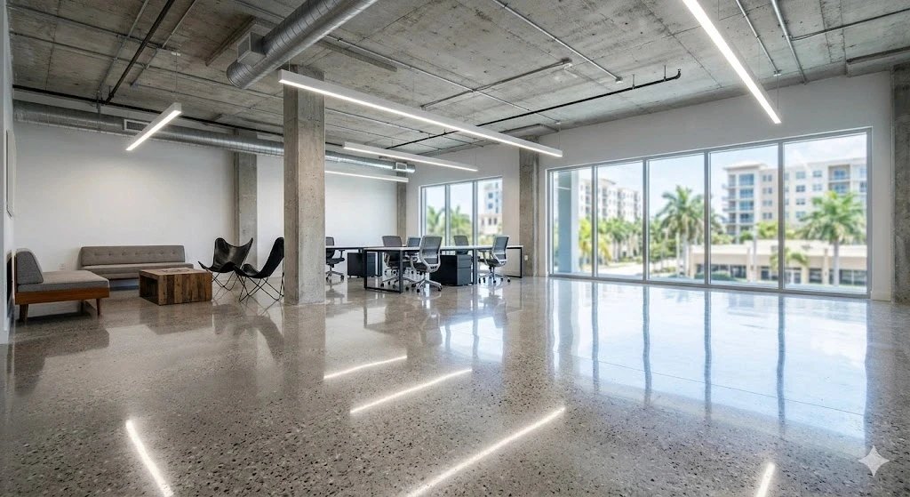 Polished concrete floor installation in a Fort Lauderdale commercial space — Planet Construction FL