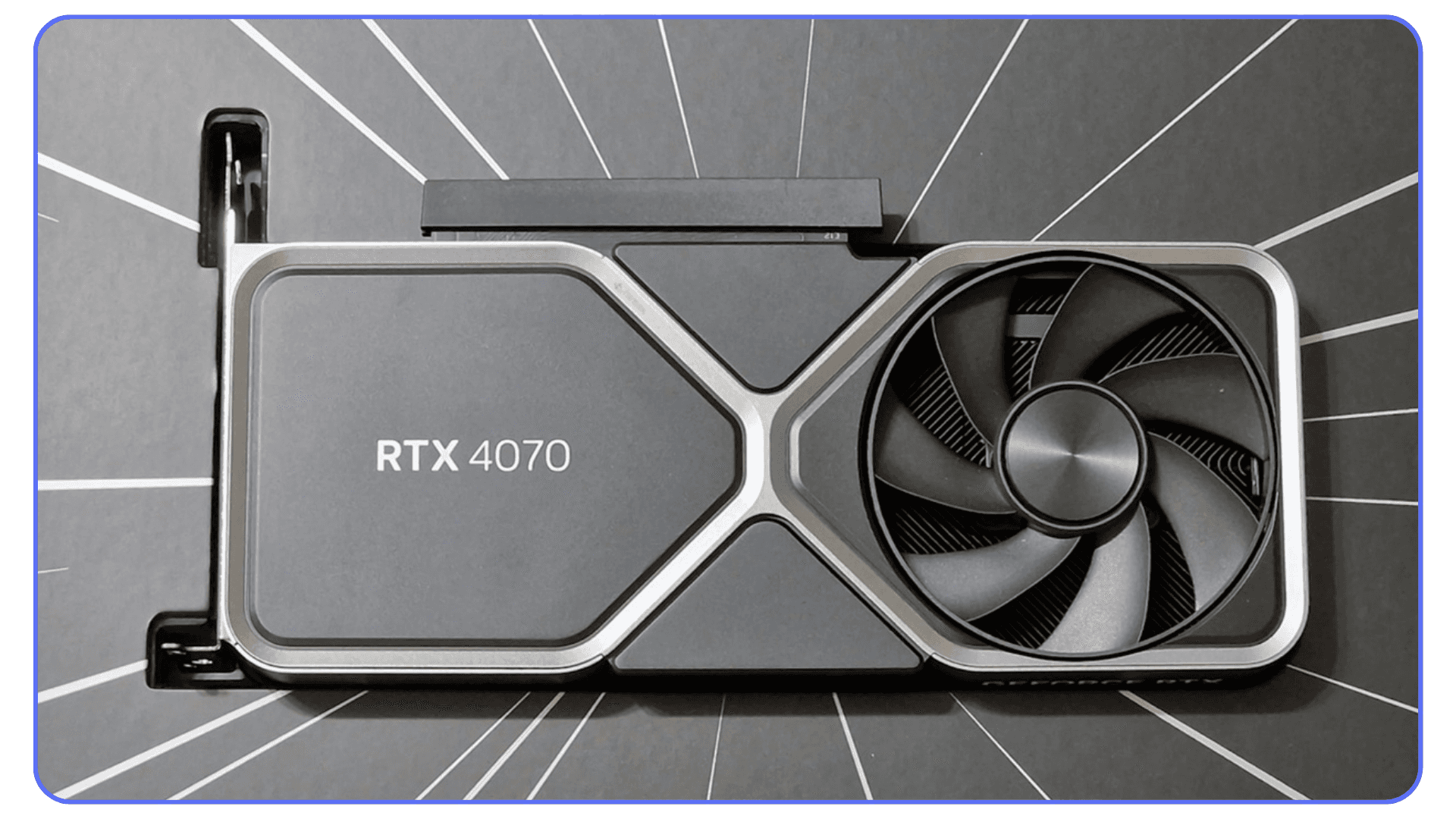 Close up of an Nvidia RTX 4070 graphics card with a single fan and modern angular shroud design.