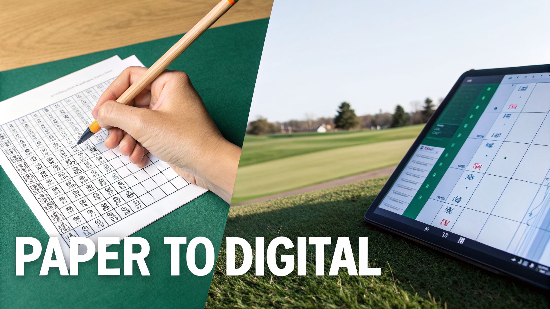 Transition from paper to digital golf scorekeeping, with a hand marking a sheet and a tablet on a golf course.