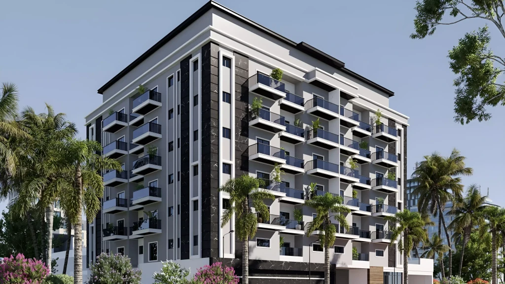 Sapphire 32 Residences JVC: modern building, palm trees, residential/commercial elements, clear sky, urban appeal.