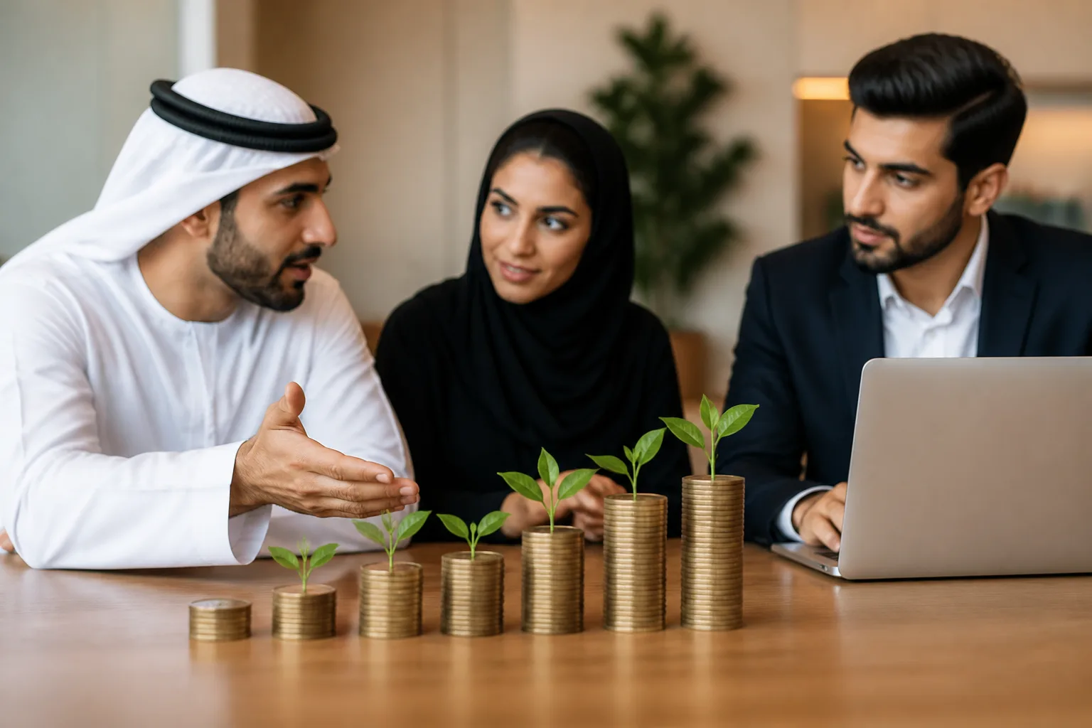 Funding Sources for a UAE Startup beside a financial dashboard with coins and an invoice