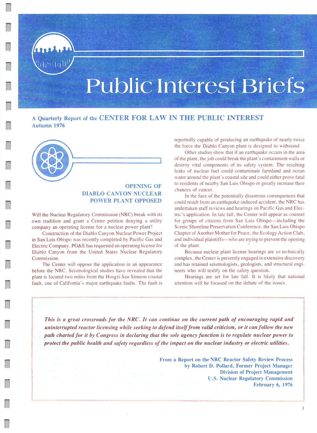 Cover of Center for Law In The Public Interest's Quarterly Report, Autumn 1976 Edition Public Interest Briefs