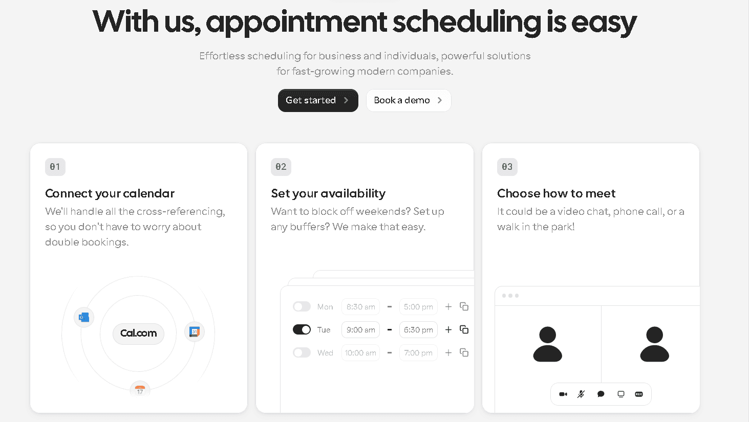 A Cal.com feature overview graphic titled "With us, appointment scheduling is easy," highlighting three steps: connecting your calendar, setting availability, and choosing how to meet.