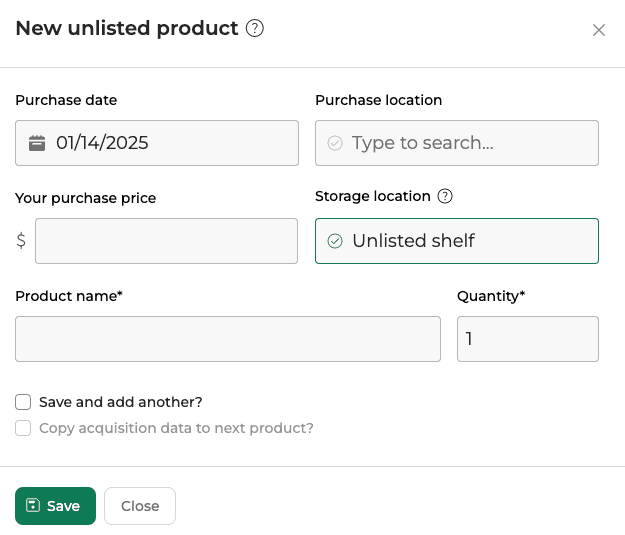 A view showing how to add a new unlisted item to your inventory in Flipwise