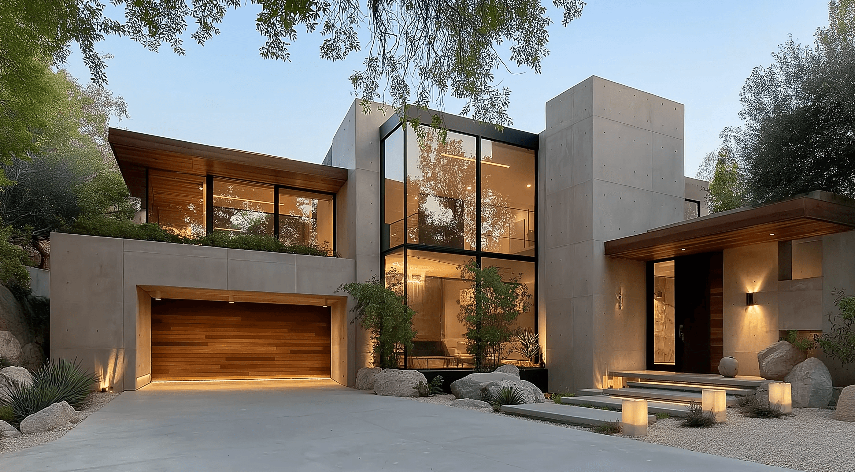 Exterior of a contemporary luxury home at dusk, featuring raw concrete block architecture, wood accents, large glass panels, a warm wood garage door, and illuminated front steps.