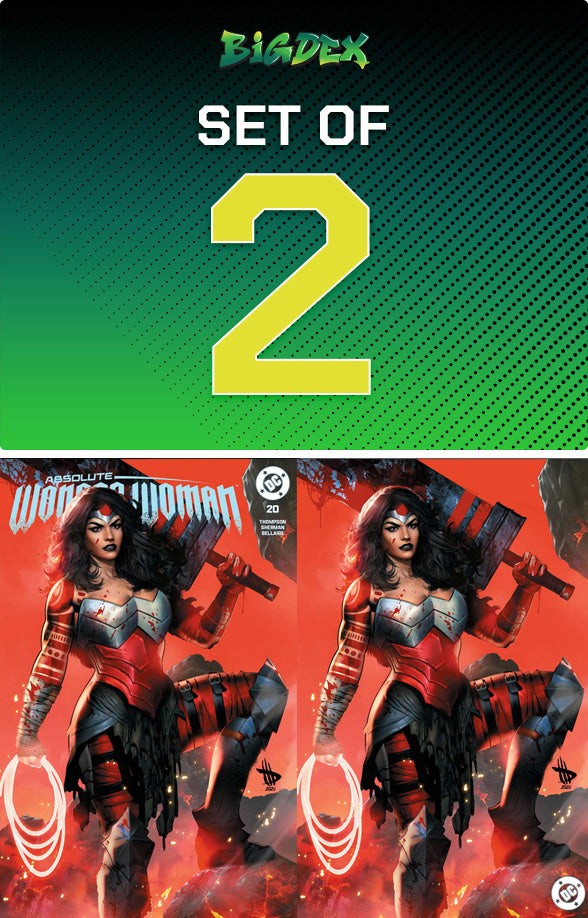 Absolute Wonder Woman #20 Dave Wilkins Trade Dress and Virgin Variant set featuring matching exclusive Wonder Woman cover artwork from Big Dex Comics.
