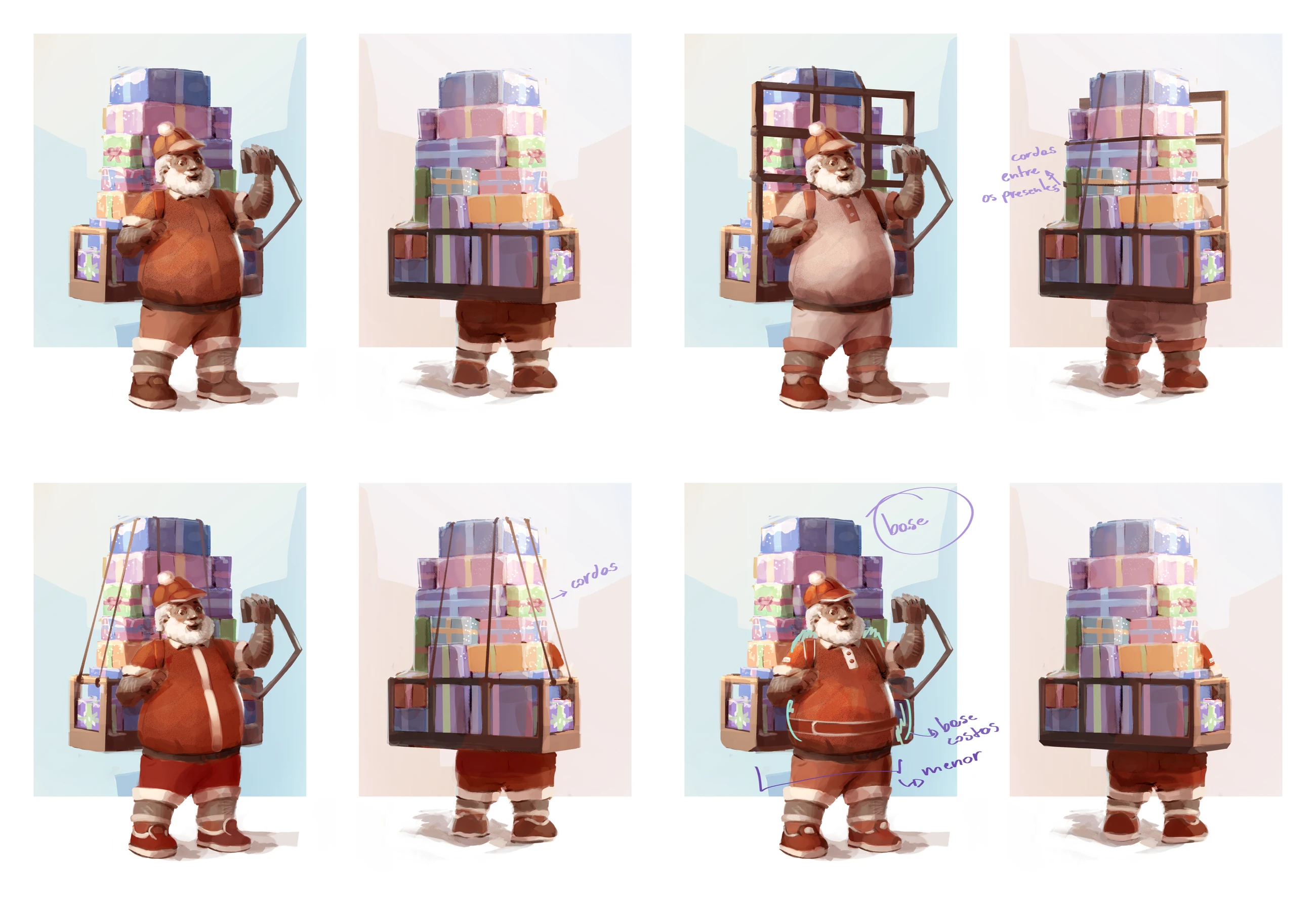 Front and back costume alternatives for Gelso and the structure used to carry gifts.