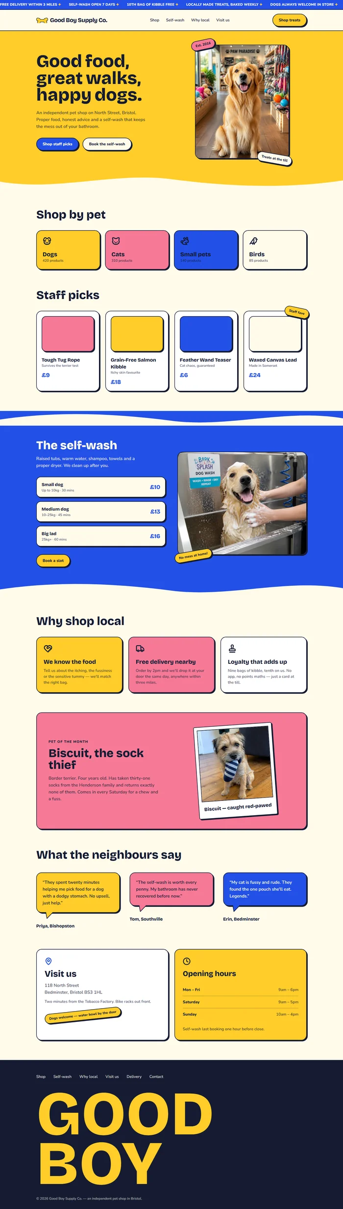 Full page of an AI-generated pet store website with playful yellow hero, shop by pet, staff picks, self-wash, reviews and visit info