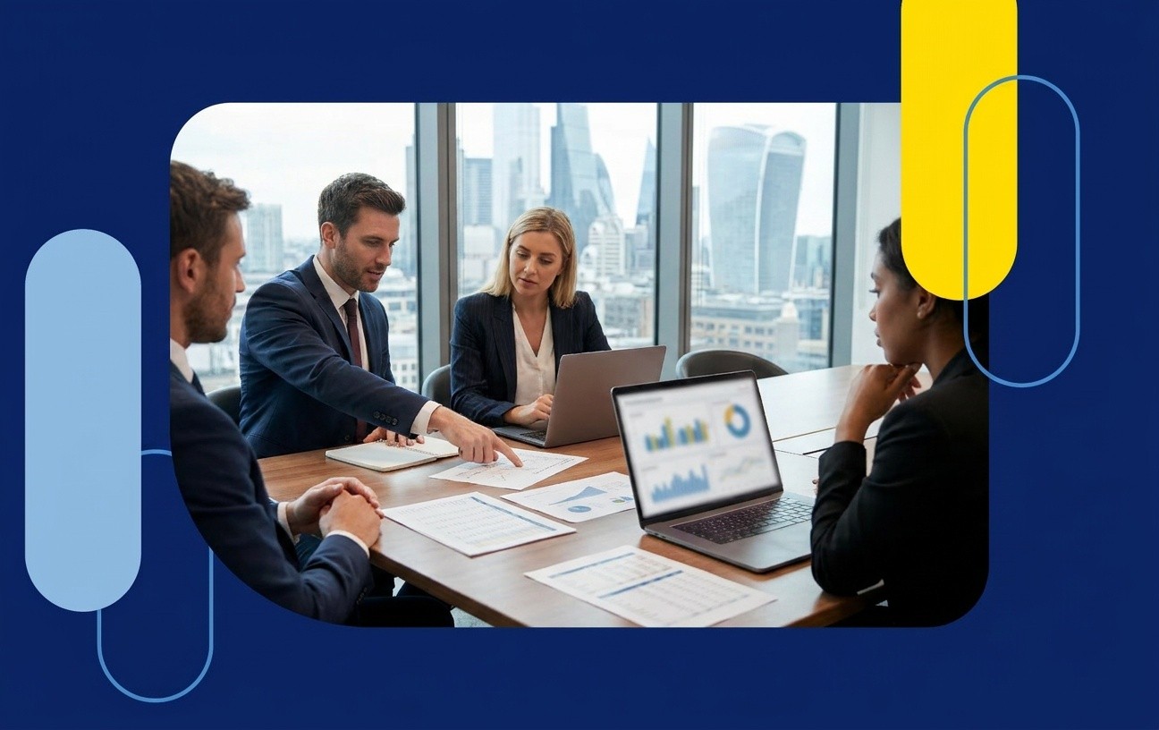 A team of Amazon agency experts in a boardroom meeting discussing strategies for 1P Vendor profit recovery and compliance, framed by abstract blue and yellow shapes.