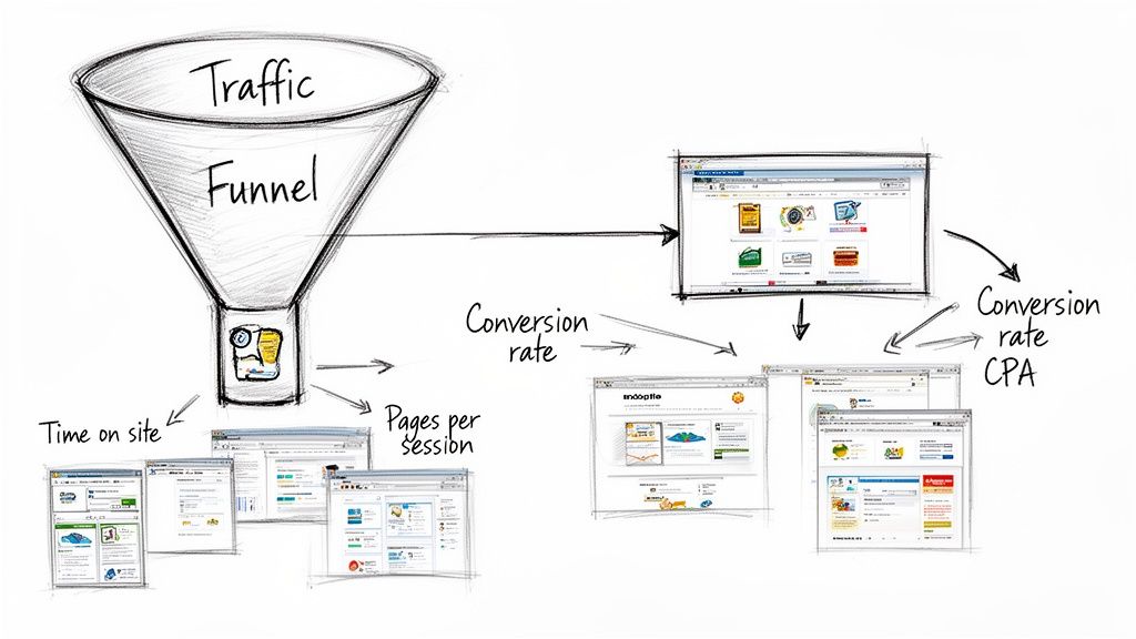 A sketch of a traffic funnel illustrating website analytics, conversion rates, and cost per acquisition metrics.