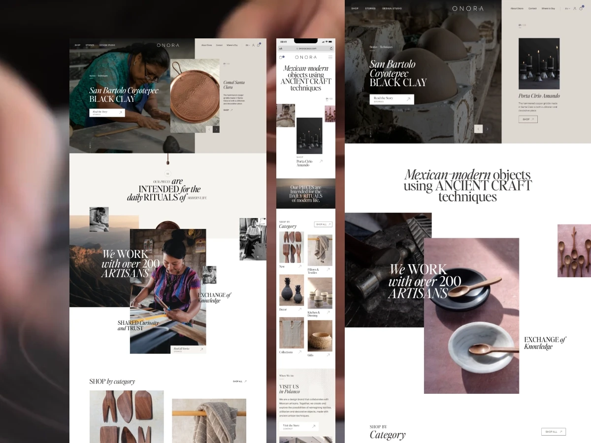 Collage of editorial website pages showcasing handmade ceramics, textiles, and artisan techniques in a refined, earthy, modern layout.