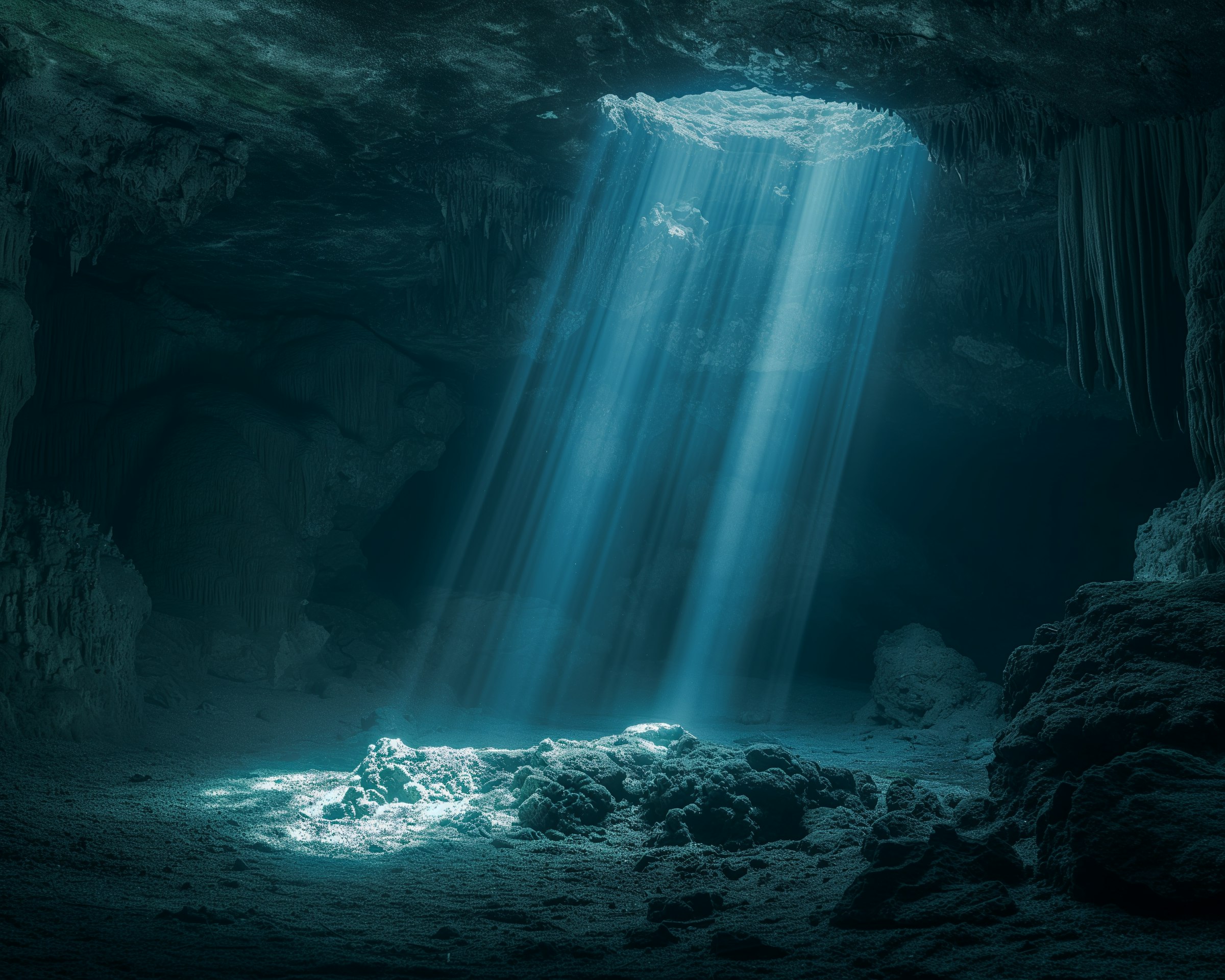 The image captures the ethereal beauty of an underwater cave illuminated by sunbeams penetrating through an opening above.