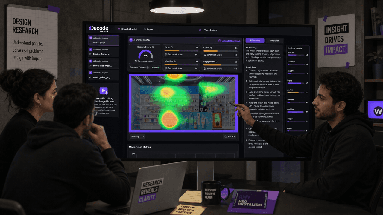 Research team reviewing a Decode creative effectiveness dashboard with attention heatmaps, creative scores, emotional insights, and AI summary to understand what drives ad impact.
