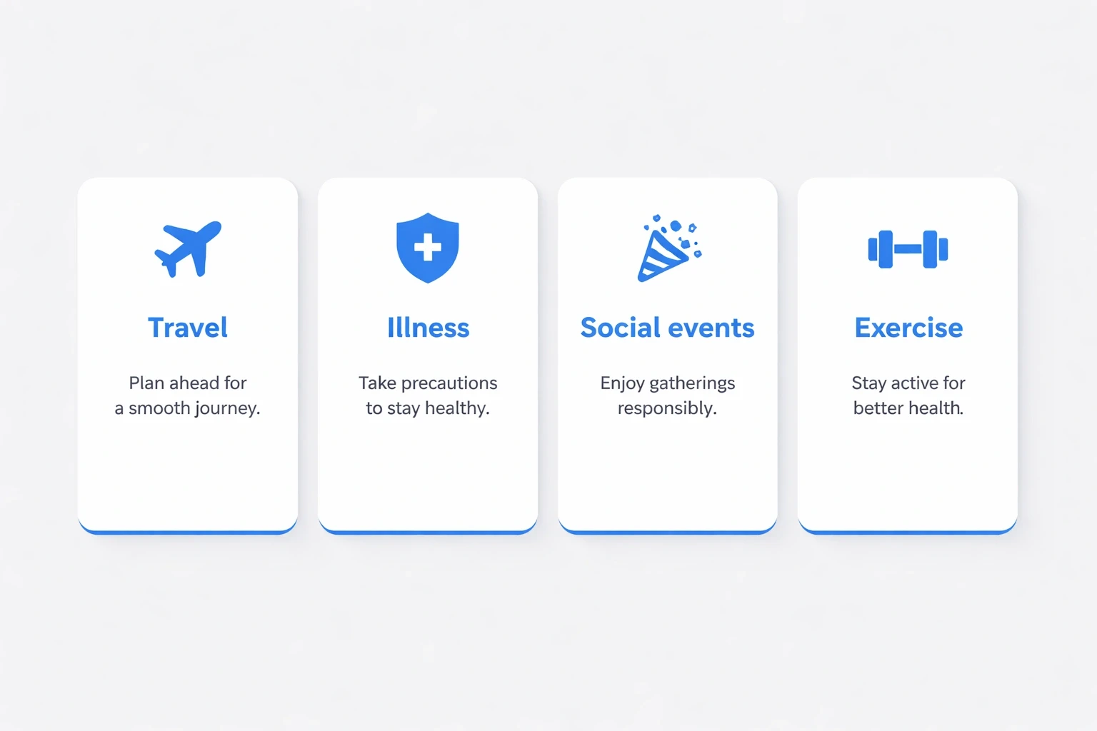 Modern card layout on a light grey (#efefef) background, using accent blue (#3b82f6) highlights; four rectangular cards side‑by‑side, each with a bold header and concise tip: Travel – shift meals 30‑60 min earlier, eat on local time; Illness – small meals every 2‑3 hours; Social events – protein snack before, resume normal eating next day; Exercise – pre‑workout fuel 30 min before morning sessions, avoid dinner close to evening workouts. Clean typography and subtle shadows for a sleek, contemporary feel.