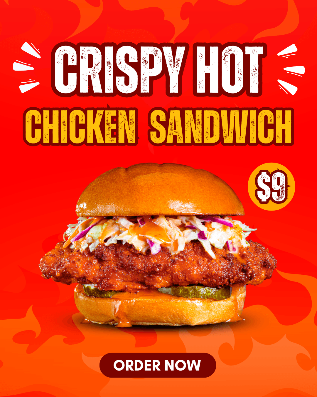 Red promotional graphic featuring crispy fried chicken sandwich with $9 price point and order now button