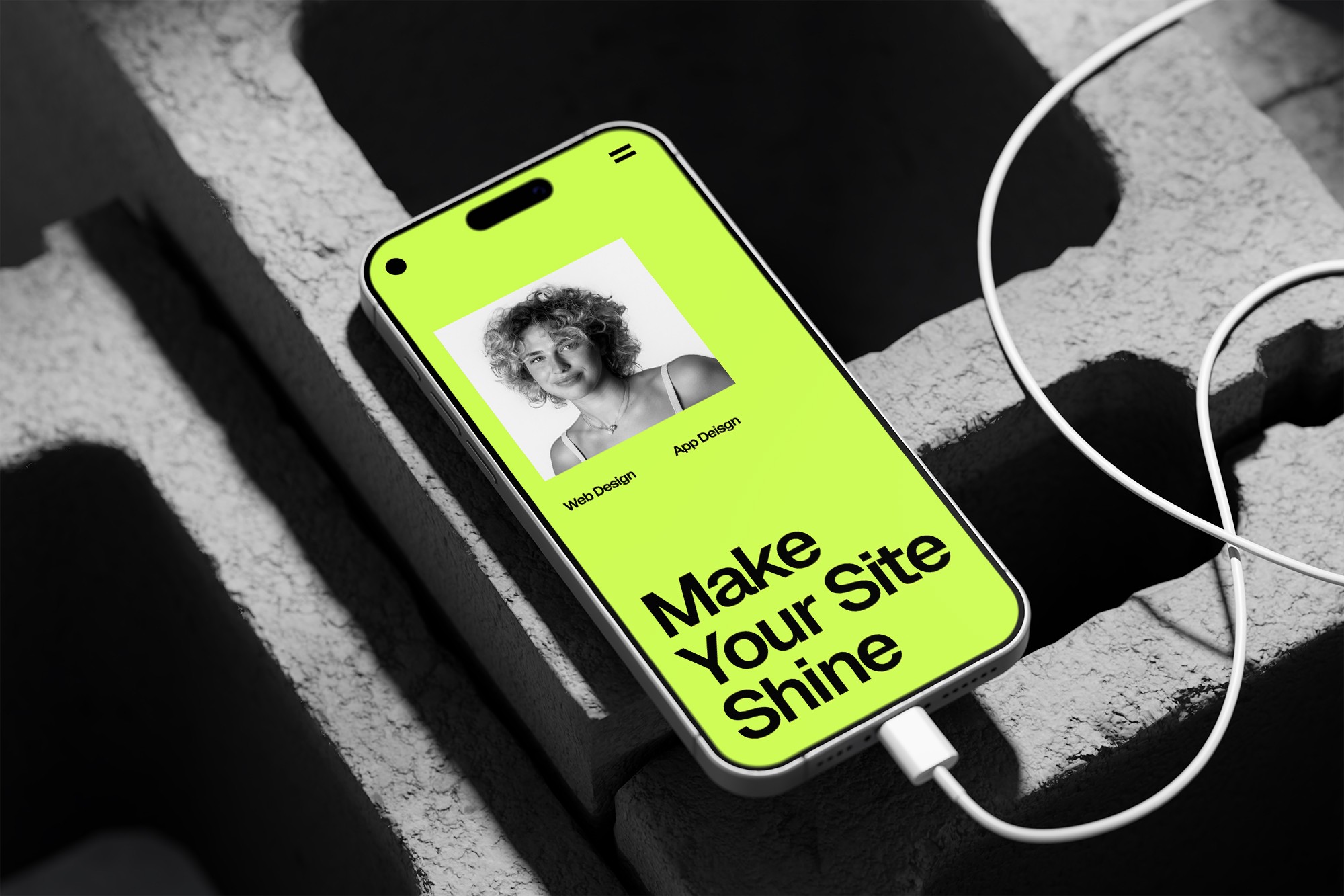 Phone on concrete bricks, website on screen