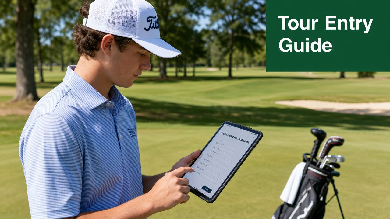 A young golfer in a Titleist cap uses a tablet to complete an online tournament registration form.