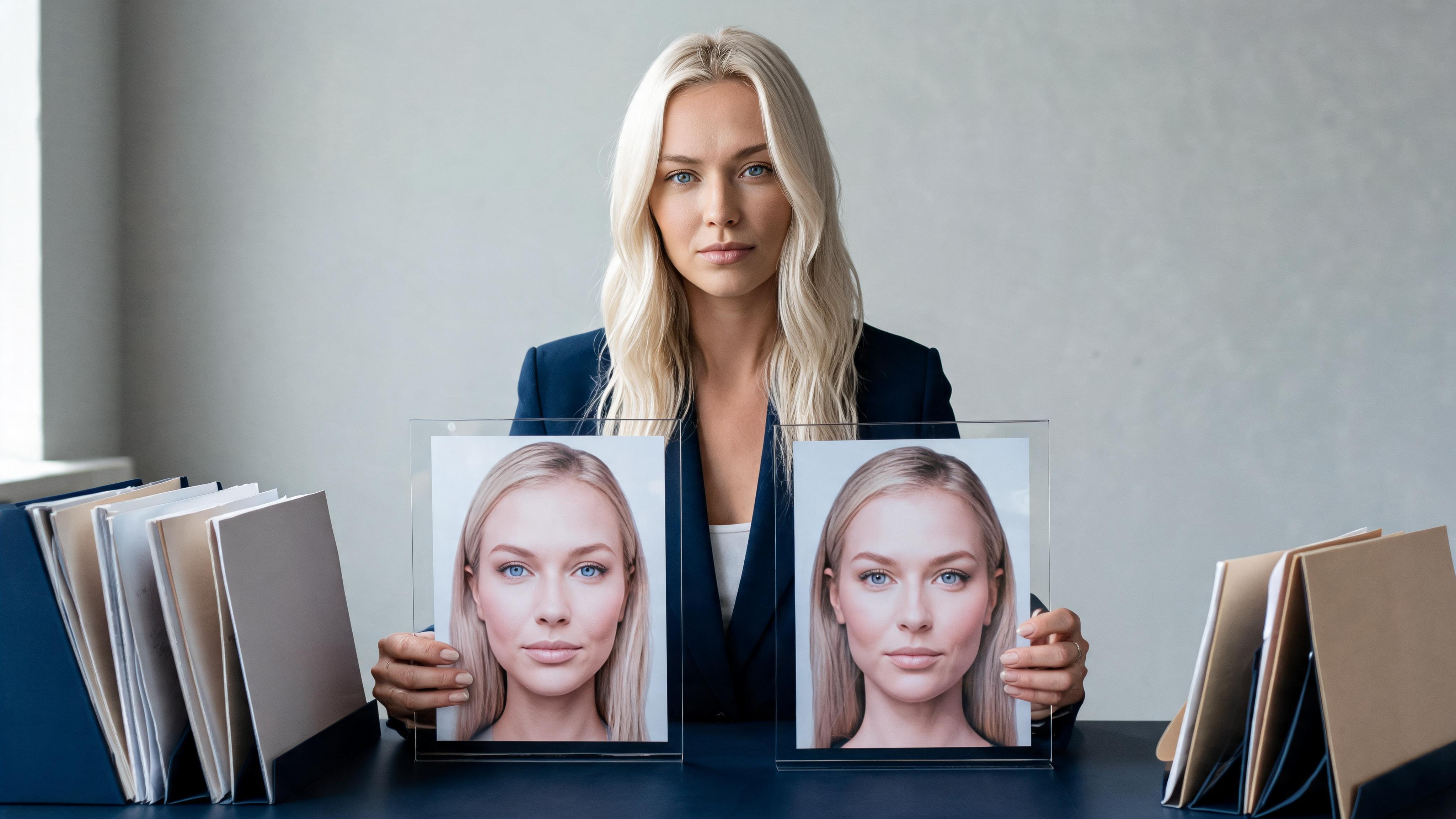 Legal analyst comparing two near-identical synthetic portrait proofs at an evidence desk