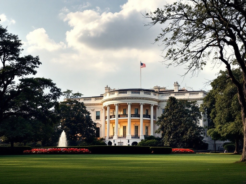 The White House in Washington, D.C., viewed from the South Lawn with the American flag flying atop, surrounded by green trees, a fountain, and flower beds