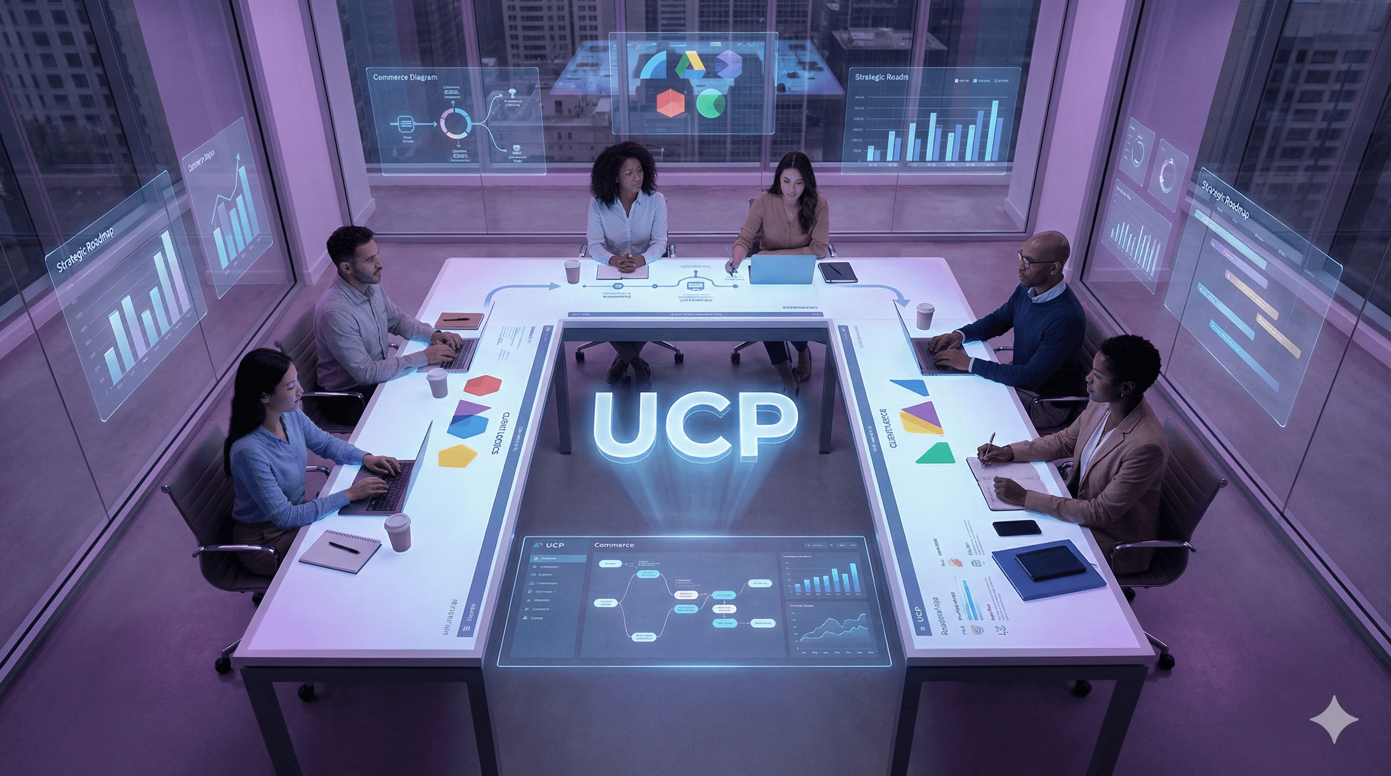 Team at a conference table with a glowing "UCP" logo and floating holographic data charts.