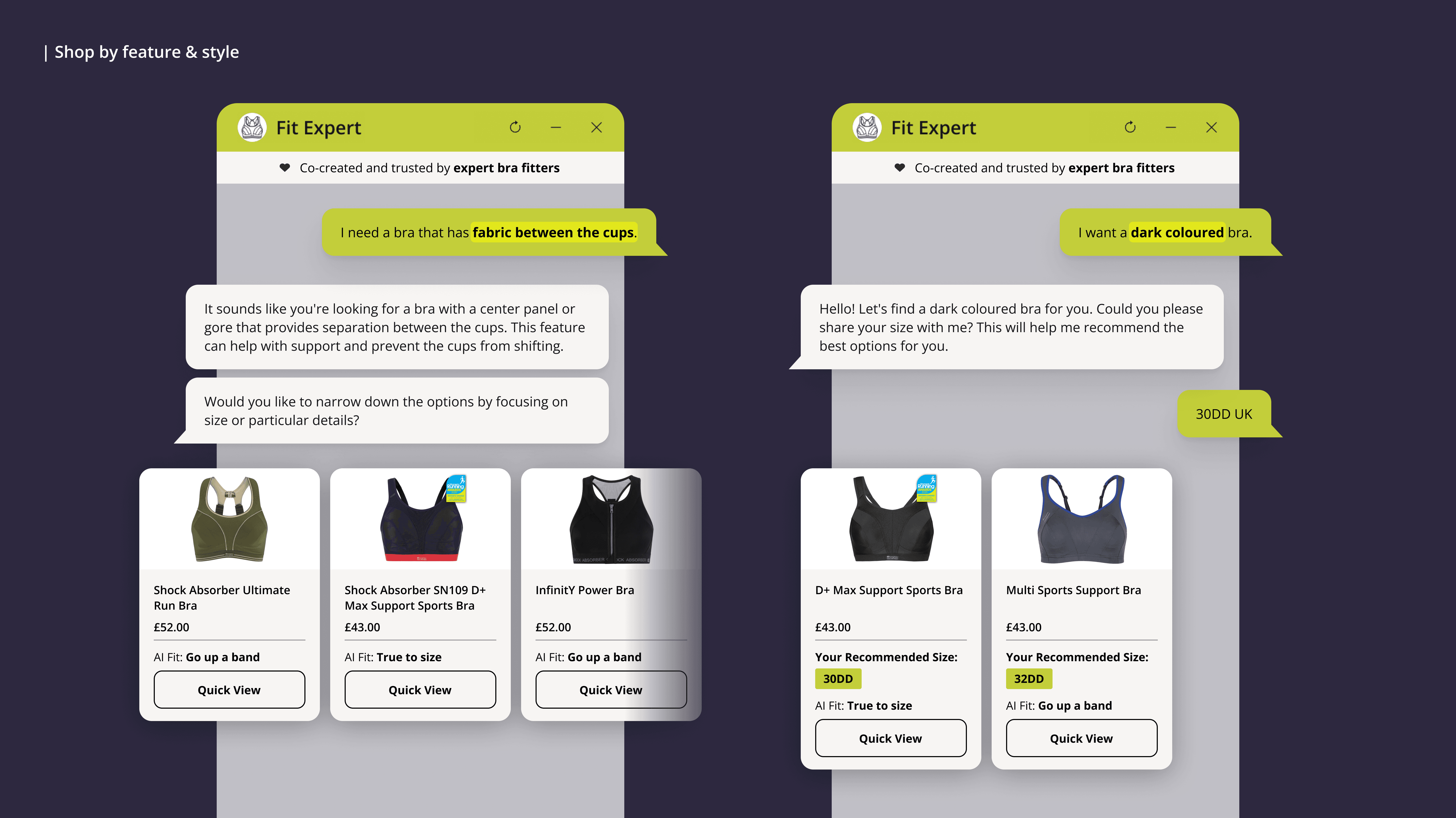 Brarista's chatbot on the Shock Absorber site, answering product feature and colour preference queries