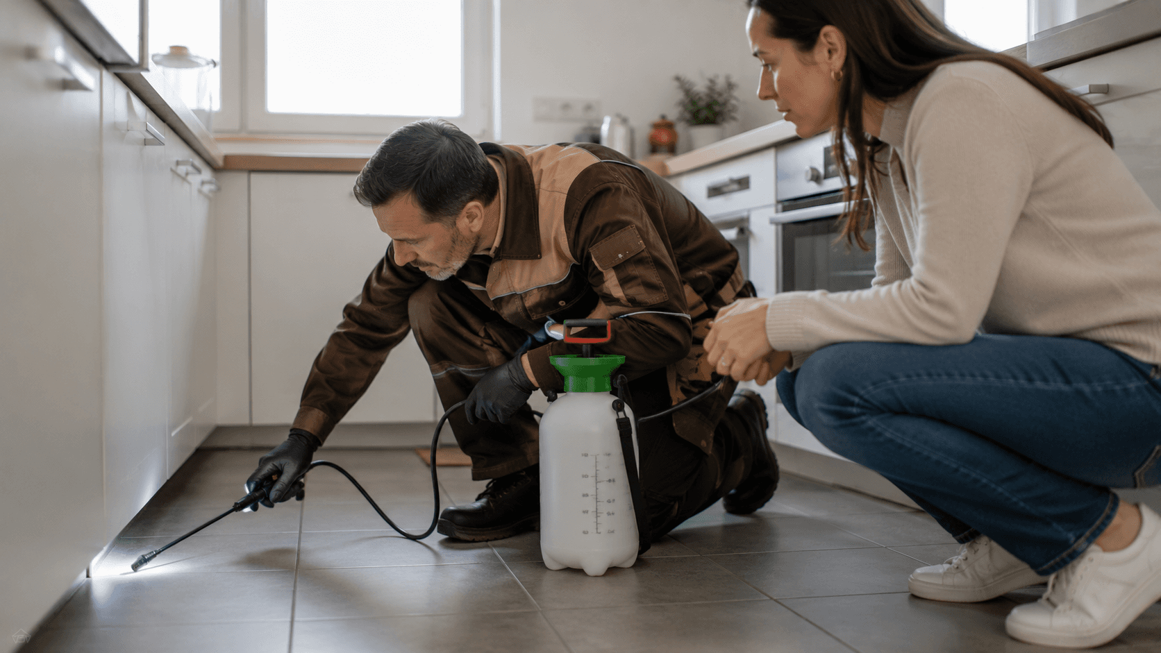 Ein professioneller Schädlingsbekämpfer untersucht gemeinsam mit einer Bewohnerin den Küchenbereich einer Wohnung. Die Szene zeigt die Kontrolle und Bekämpfung eines Schädlingsbefalls in einem Wohngebäude und steht sinnbildlich für Maßnahmen zum Schutz von Hygiene und Bausubstanz.