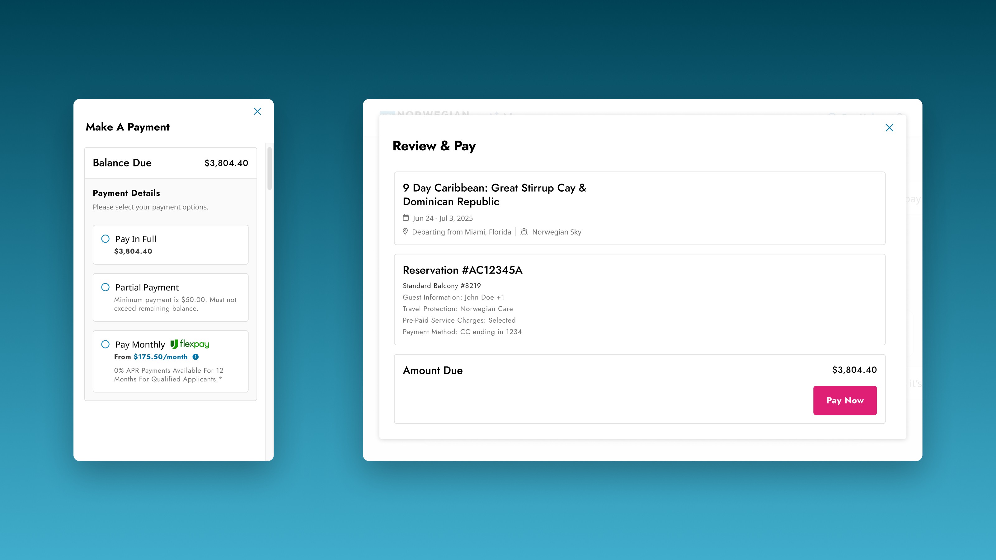Payment options through to final review — inside a conversational interface. The complete Supernova checkout architecture, adapted for Nora.