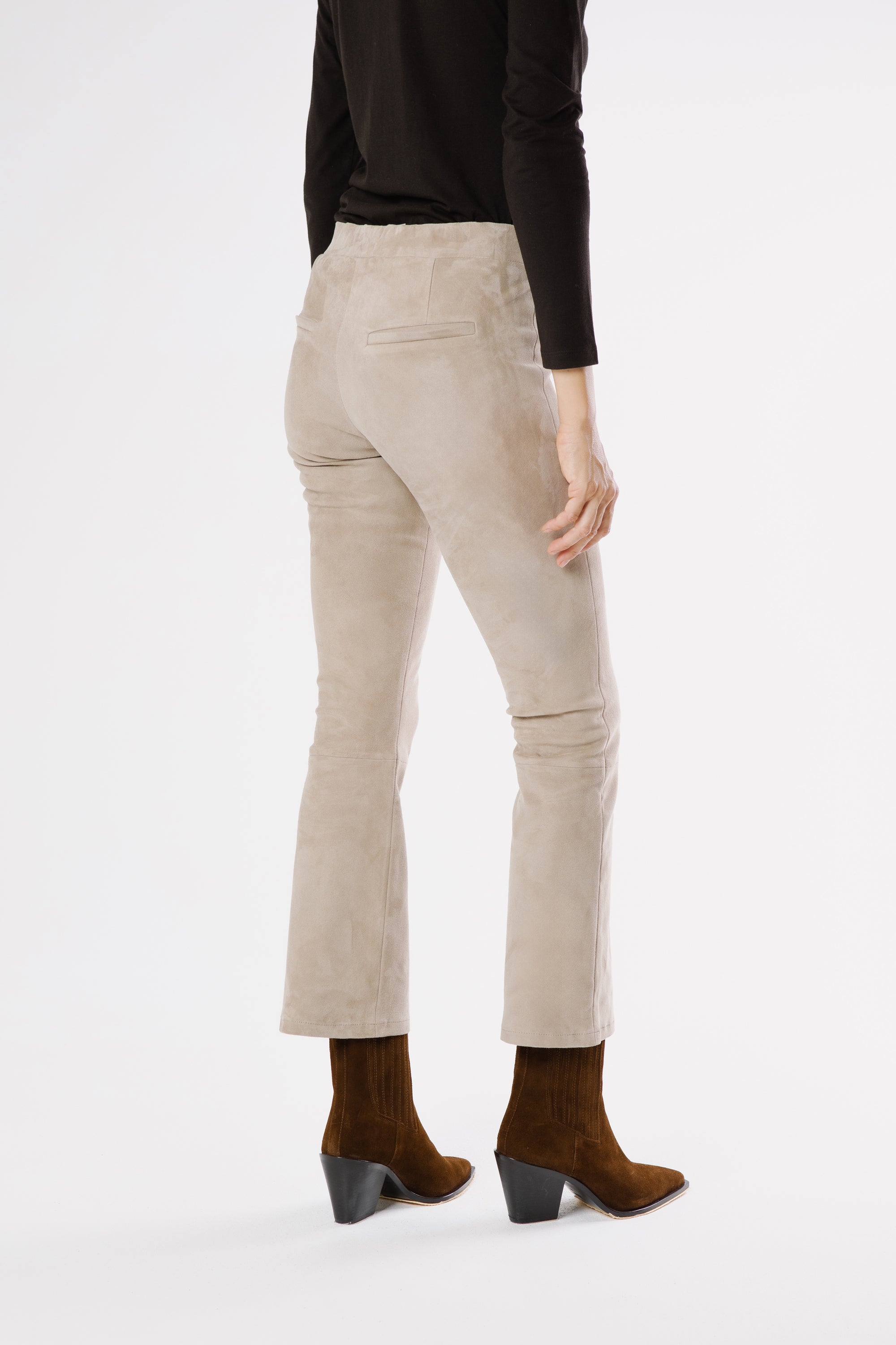 Back view of the Napoli VE Suede Trousers Grey Taupe showcasing the clean tailored cut and elegant neutral tone.