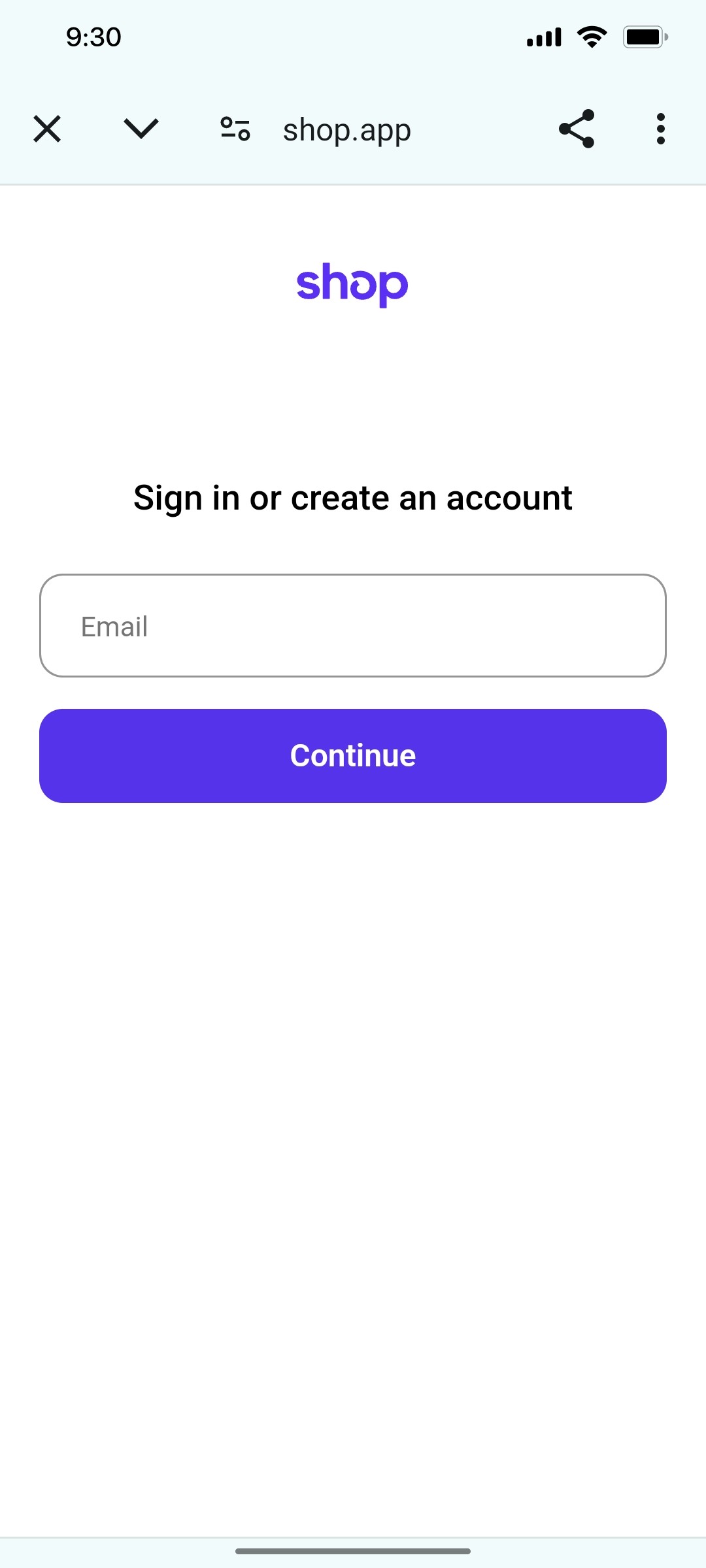 Shop App Enter email address screen