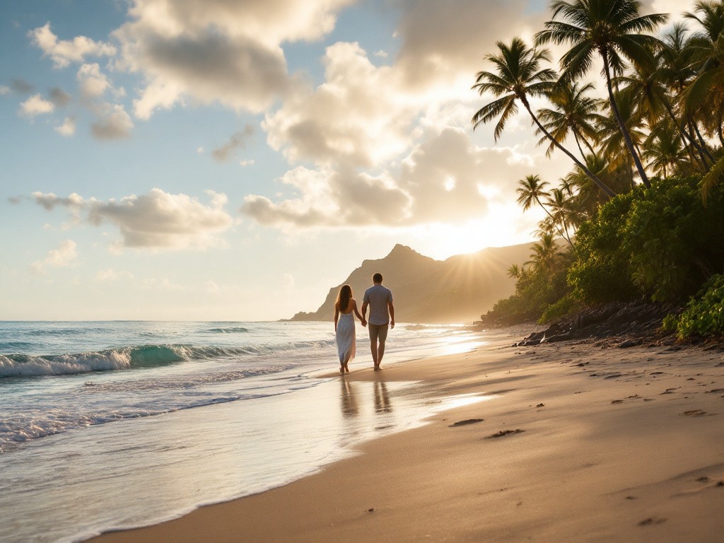 A couple walks hand-in-hand on a beach at sunset.