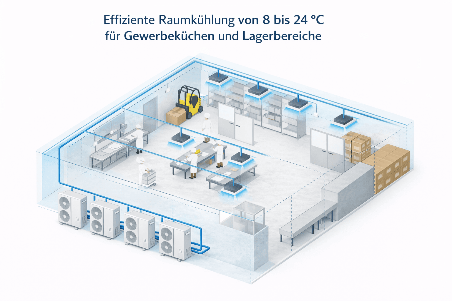 Modell einer effizienten Raumkühlung (8 bis 24 °C) für Gewerbeküchen und Lagerbereiche.
